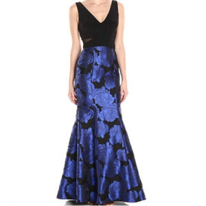NWT Xscape Floral Mermaid Gown Jacquard Gown Women's Mesh Black Blue Size 6 $250